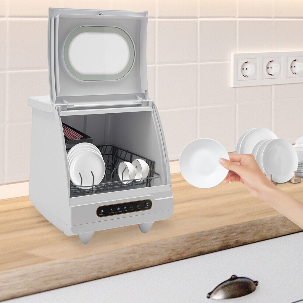 Portable Countertop Dishwasher 5 Washing Programs with Water Tank Leak-Proof Dry 360° Rotation Flushing, Uitable for Homes Kitchen Apartments Dormitories Campers