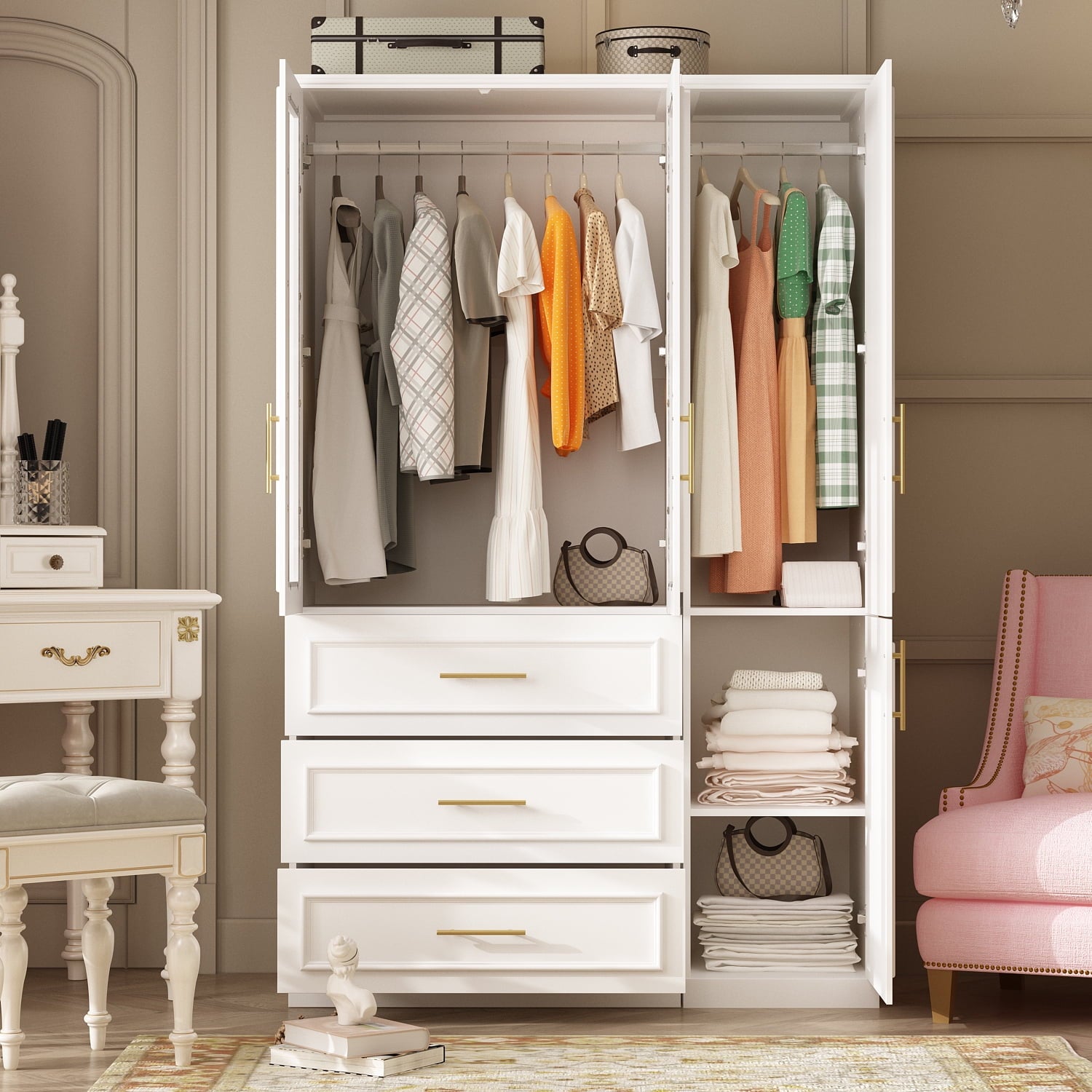 OxyLife 2 Door Wardrobe Armoire, White Closet Storage Organizer with Drawers and Shelves