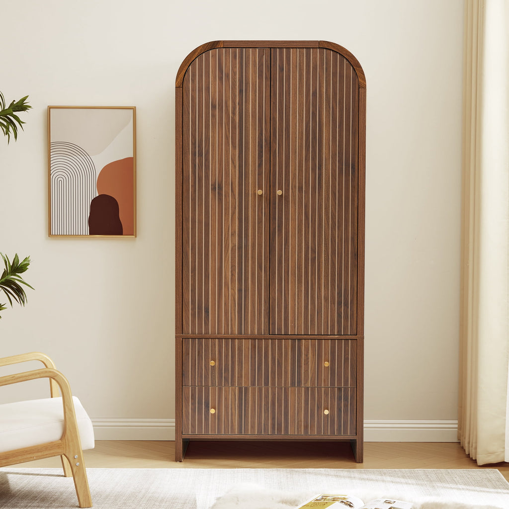 Wirrytor Freestanding Wooden Armoire Wardrobe with 2 Woven Doors and Storage Drawers, Space-Saving Closet Cabinet for Bedroom, Sturdy Mdf Board Closet with Hanging Rail