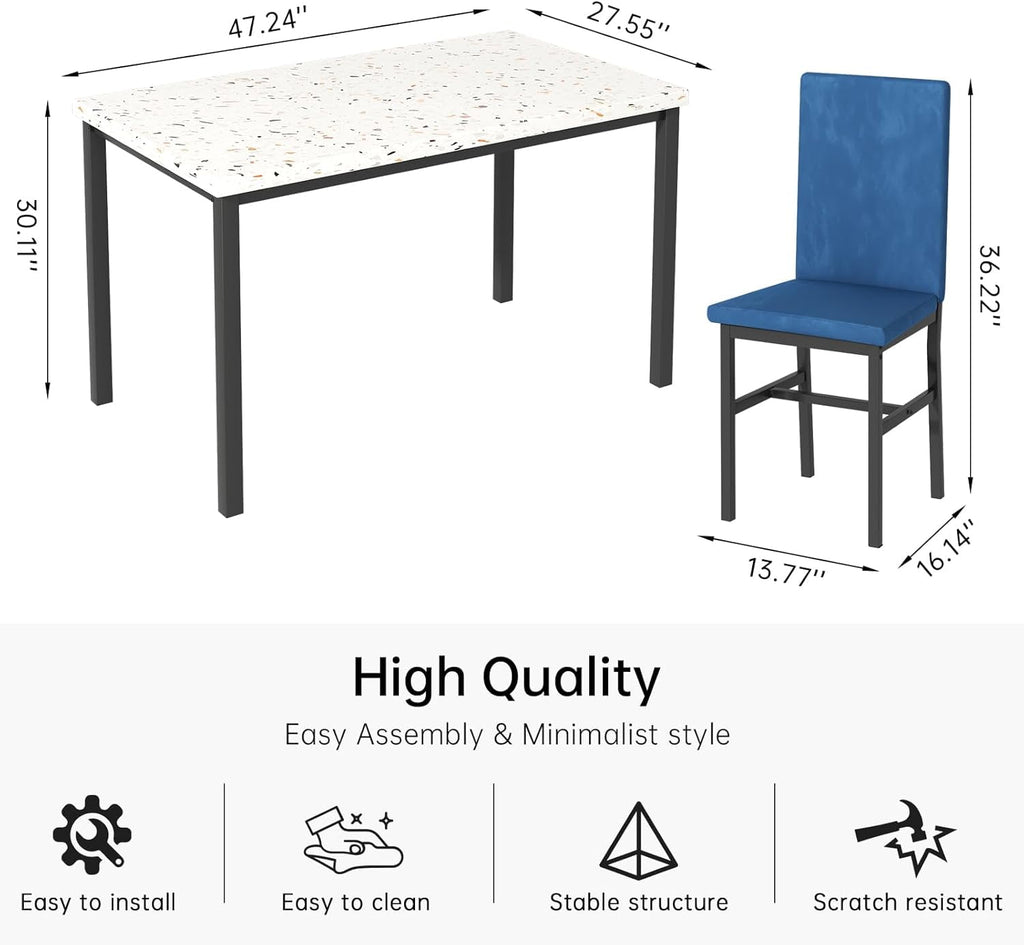 MIERES 5 Piece Dinning Table Sets for 4, Marble Kitchen Table and Chairs for 4,Dining Room Table Set with PU Leather Chairs,Faux Marble Dining Set for Small Spaces,Living Room,White+Brown