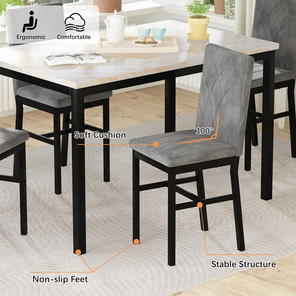LinkRomat 5-Piece Faux Marble Dining Table Set for 4, Modern Kitchen Table with Chairs, Dinette Dining Room Furniture Set for Compact Space Saving
