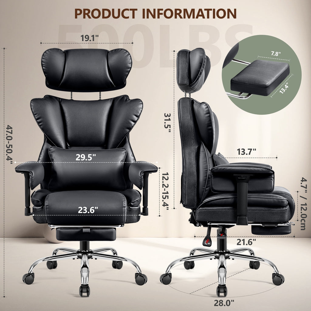 COOLHUT Big and Tall PU Leather Office Chair with Adjustable Headrest & Footrest, Executive Computer Desk Chair with 3D Adjustable Padded Armrest, Ergonomic Office Chair with Lumbar Support, Black
