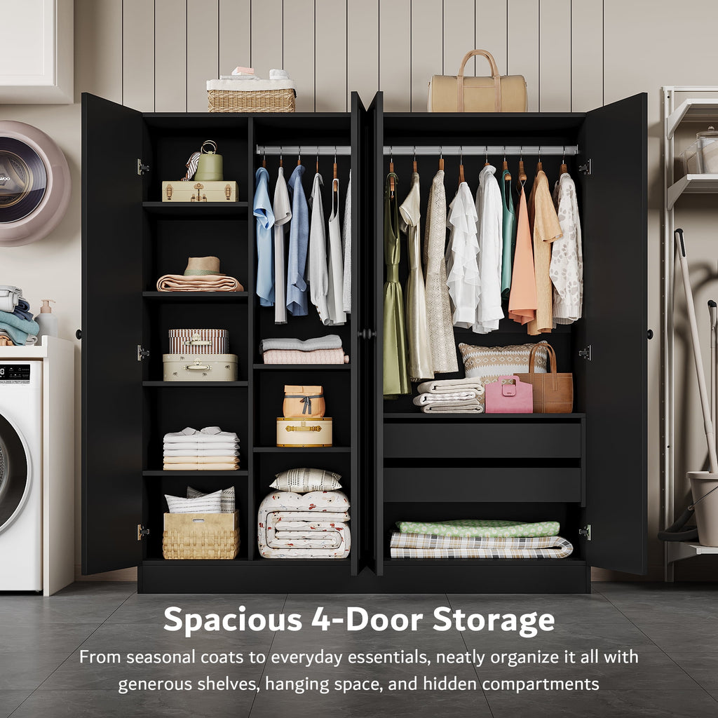 Virans  4 Door Armoire Wardrobe Closet with 2 Drawers,Adjustable Shelves & Hanging Rods,63 W Wood Clothes Cabinet Organizer for Bedroom,White