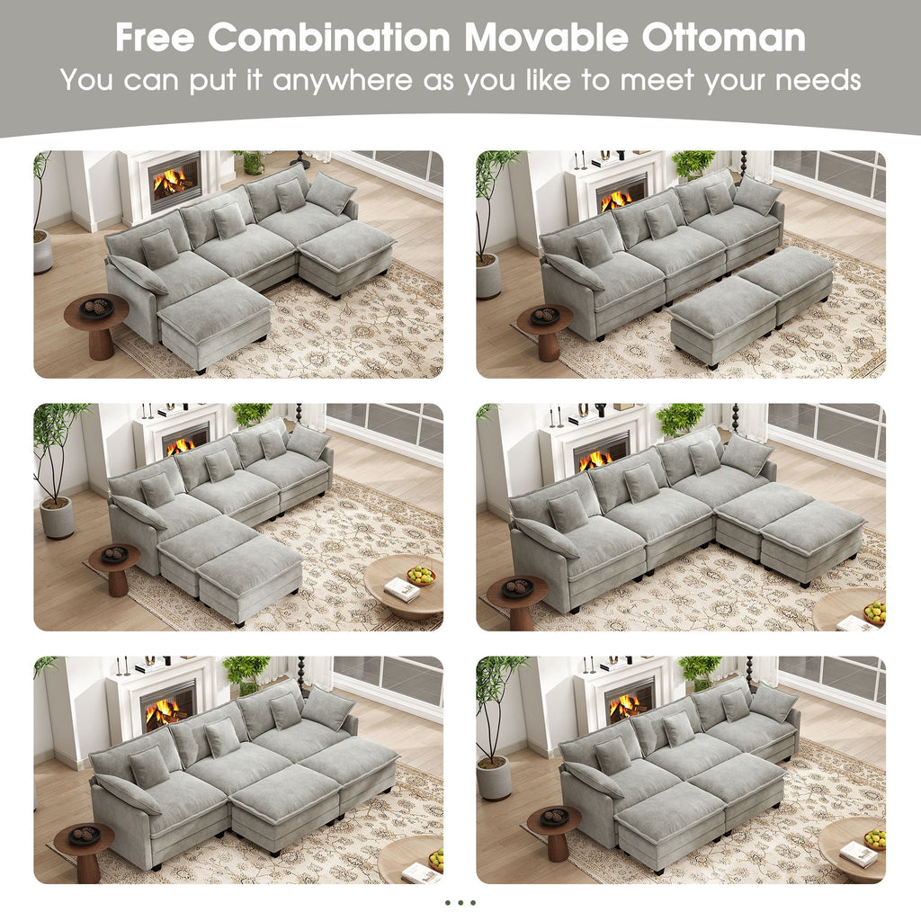 BedLuxury 111.5'' Modular Sectional Sofa with Movable Ottomans, U Shaped Cloud Couch for Living Room, 3-Seat, Grey