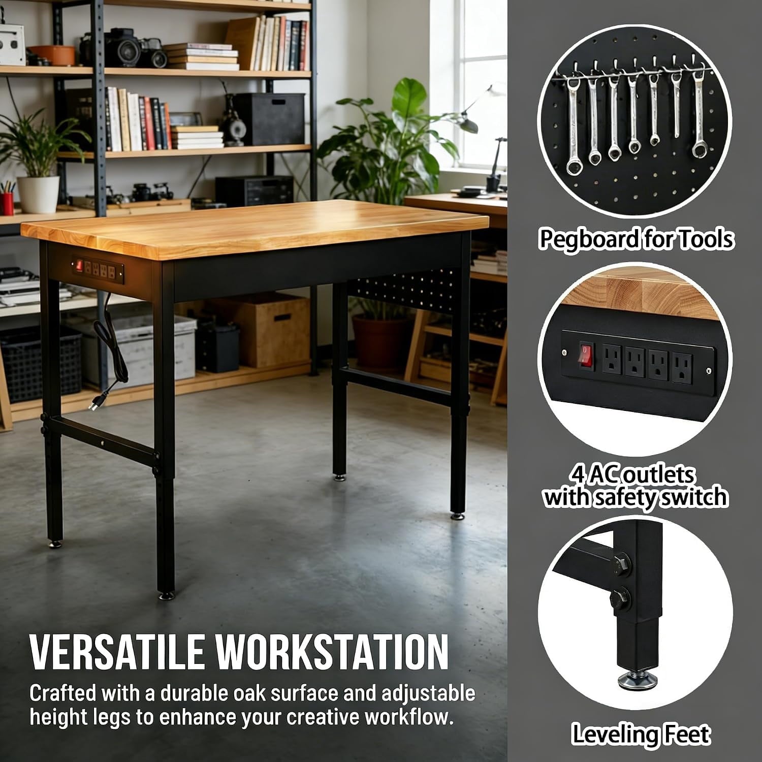 70 Inch Adjustable Workbench with Power Outlet Heavy Duty 2500 LBS Load Capacity Hardwood Work Table for Garage 6 Level Height Adjustable Workshop Bench with Wheels (70x22)