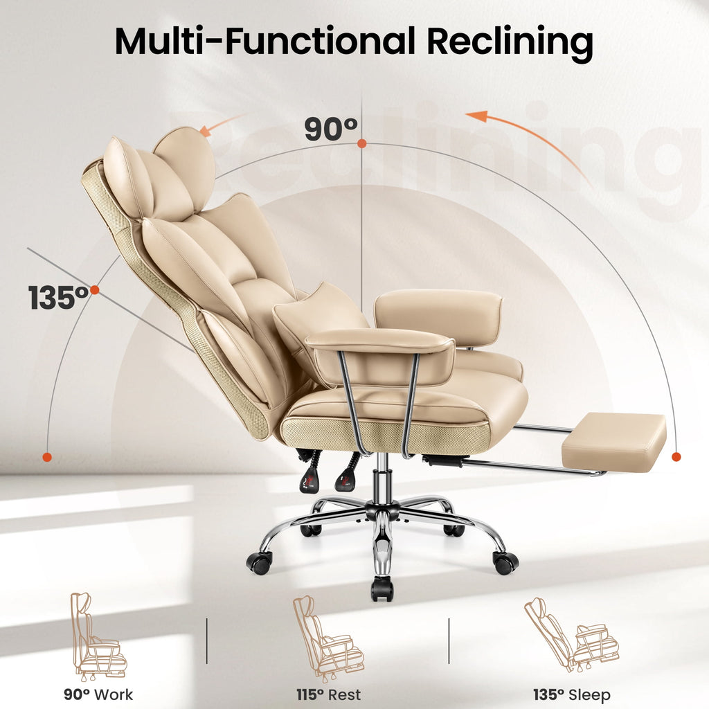 Primy High Back Office Chair, Big and Tall PU Leather Executive Chair with Footrest – Ergonomic Reclining Computer Desk Chair, High-Density Foam, Heavy Duty Swivel Rolling Chair, Black