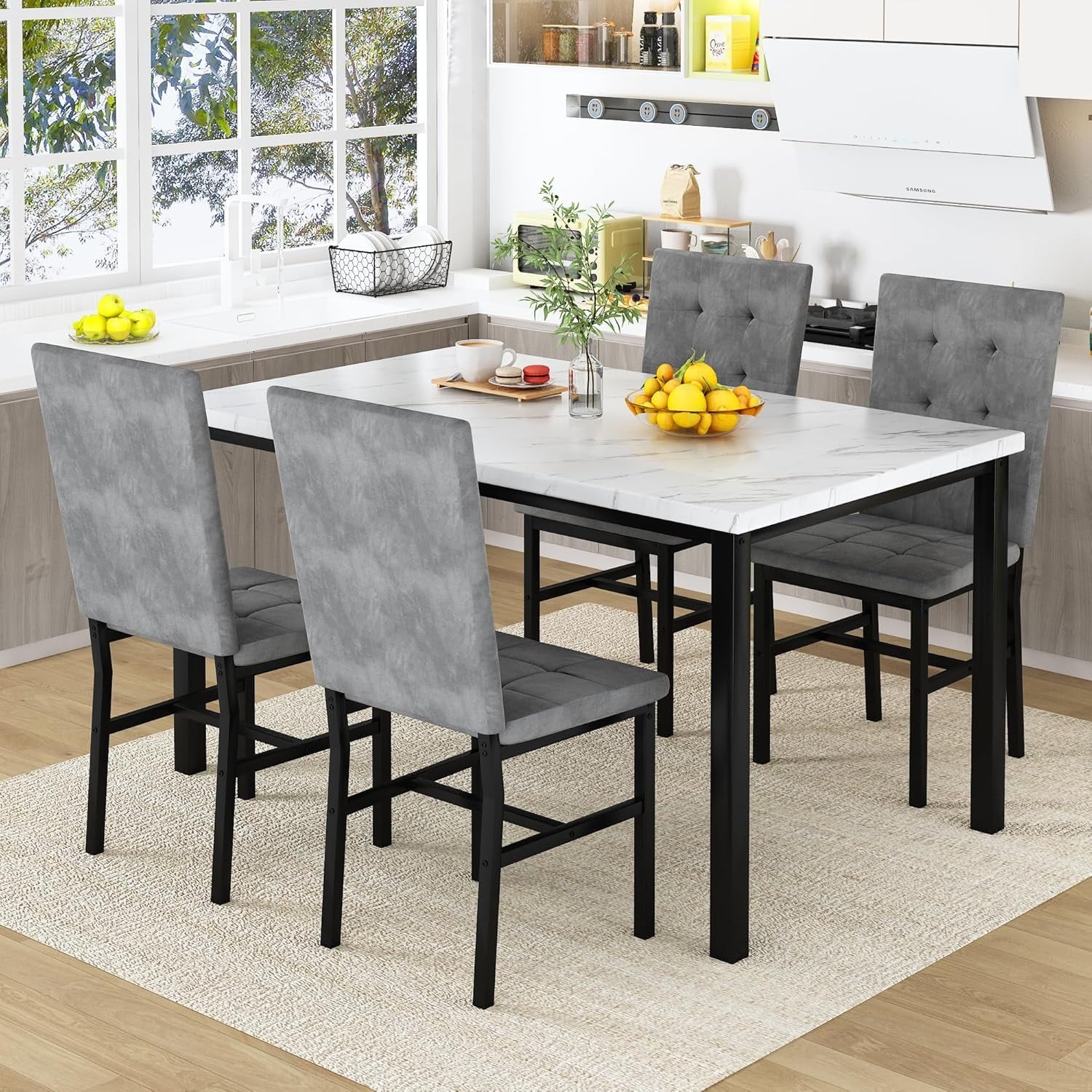 LinkRomat 5-Piece Faux Marble Dining Table Set for 4, Modern Kitchen Table with Chairs, Dinette Dining Room Furniture Set for Compact Space Saving