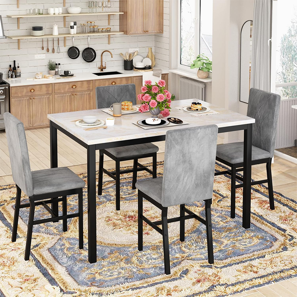 LinkRomat 5-Piece Faux Marble Dining Table Set for 4, Modern Kitchen Table with Chairs, Dinette Dining Room Furniture Set for Compact Space Saving