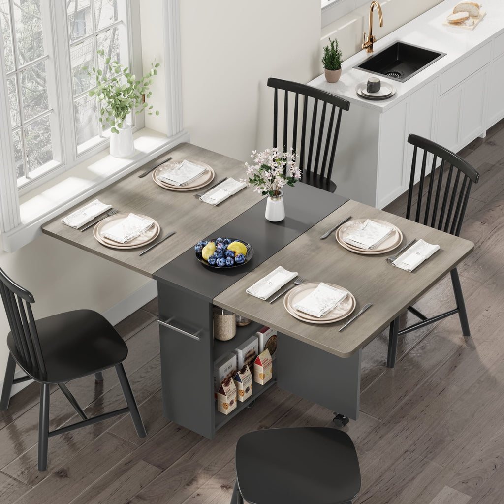 Folding Dining Table with 2 Tier Storage, Extendable Kitchen Table, Drop Leaf Table, Rectangle Dining Room Tables Set for 4, Space Saving Collapsible Expandable Dinner Kitchen Office Furniture