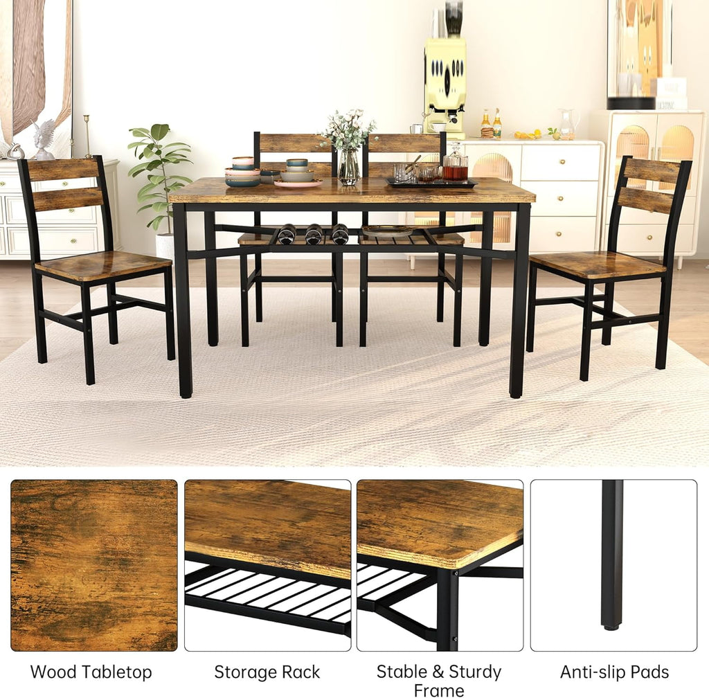 Lamerge 4 Person Dining Table Set, Wooden Dining Table 5 Piece Set with 4 Oak Metal Frame Chairs, Space Saving, Suitable for Apartments, Small Spaces, Kitchens, Breakfast Corners, Espresso Wood C