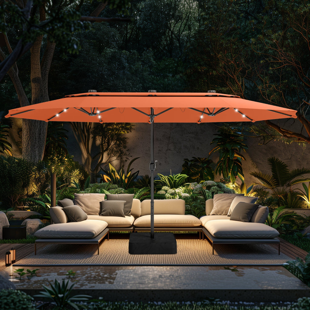 Alpha Joy 15ft Dual-Layer Extra Large Outdoor Patio Umbrella Double-Sided Ventilation Umbrella with Led Lights & Umbrella Base, Beige