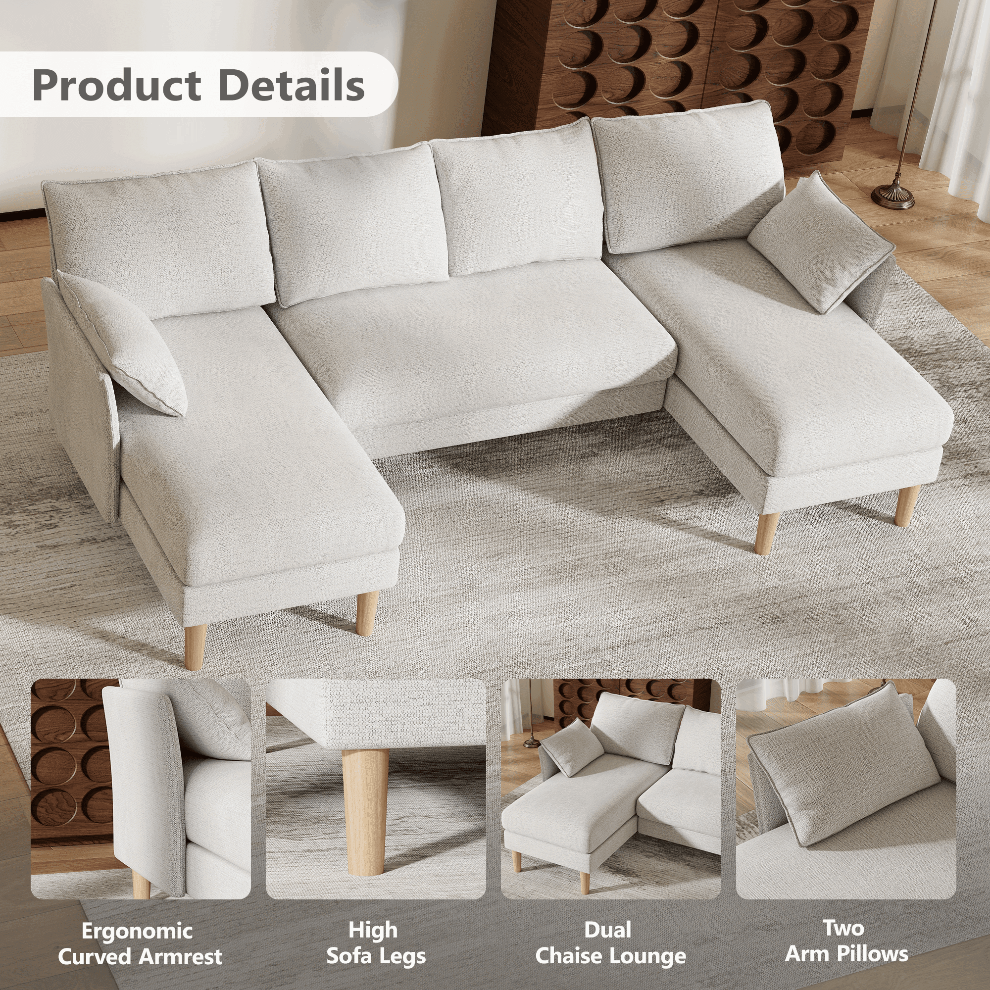 BedLuxury 100 U-Shape Sectional Sofa with Chaise, Chenille Modern Couch with High Legs for Living Room, Apartment, Beige