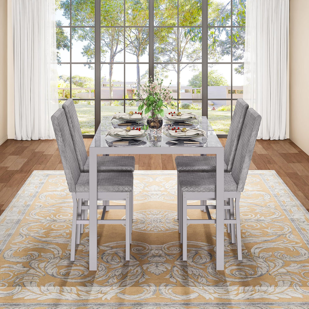 Baxluxe Dining Table Set for 4, Modern 5 Piece Dining Table Set, Faux Marble Kitchen Table and 4 Velvet Upholstered Chairs for Apartments, Dining Rooms, Small Spaces, Gray
