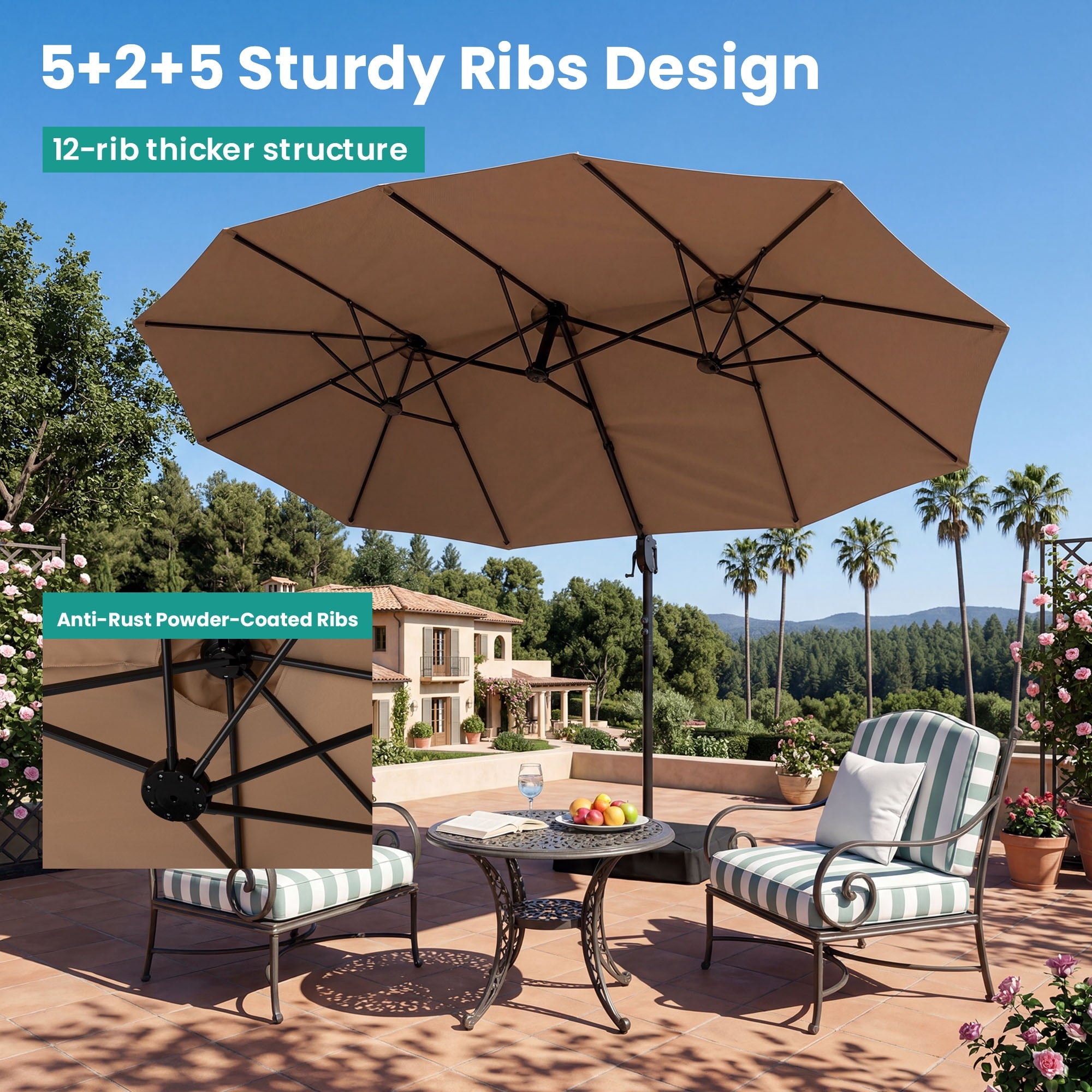 FOROUTIA 15ft Double-Sided Patio Umbrella, Large Rectangular Outdoor Market Umbrella with Crank, UV50+ Waterproof Twin Umbrella for Backyard, Poolside, Deck,Off-White