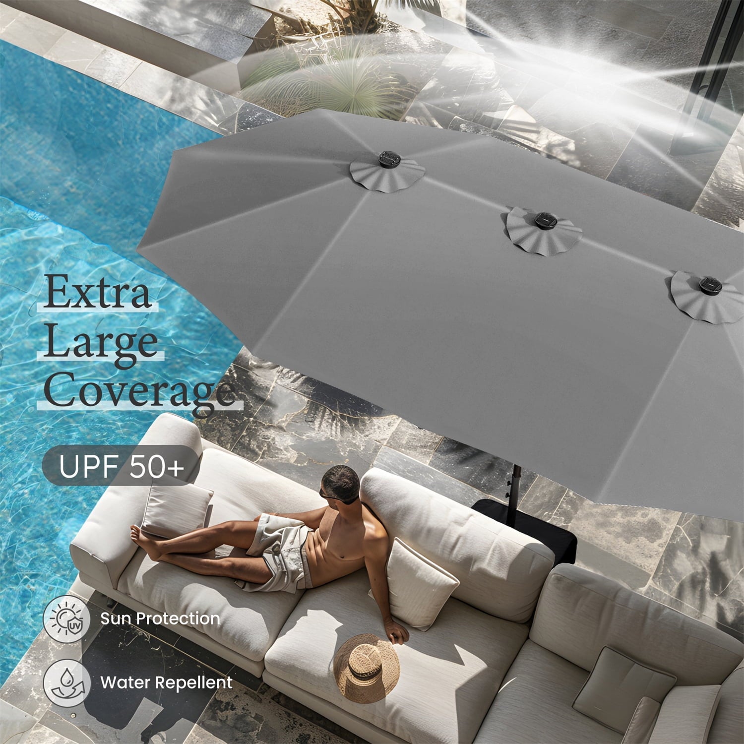 SUMMIT LIVING 15 FT Double-Sided Solar Patio Umbrella with Base Large Outdoor Umbrella with LED Solar Lights - Haze Blue